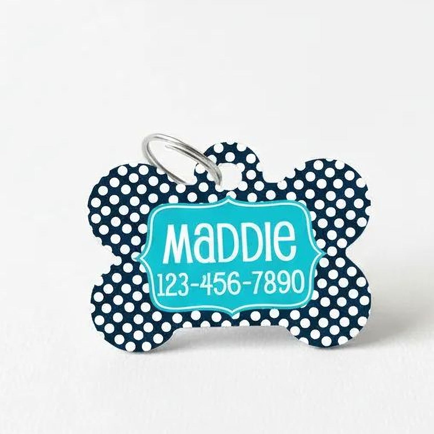 Personalized Pet Id Tag - Custom Dog Tag - Navy Turquoise Big Dots Joyful Moose