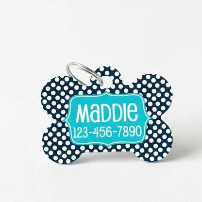 Personalized Pet Id Tag - Custom Dog Tag - Navy Turquoise Big Dots Joyful Moose
