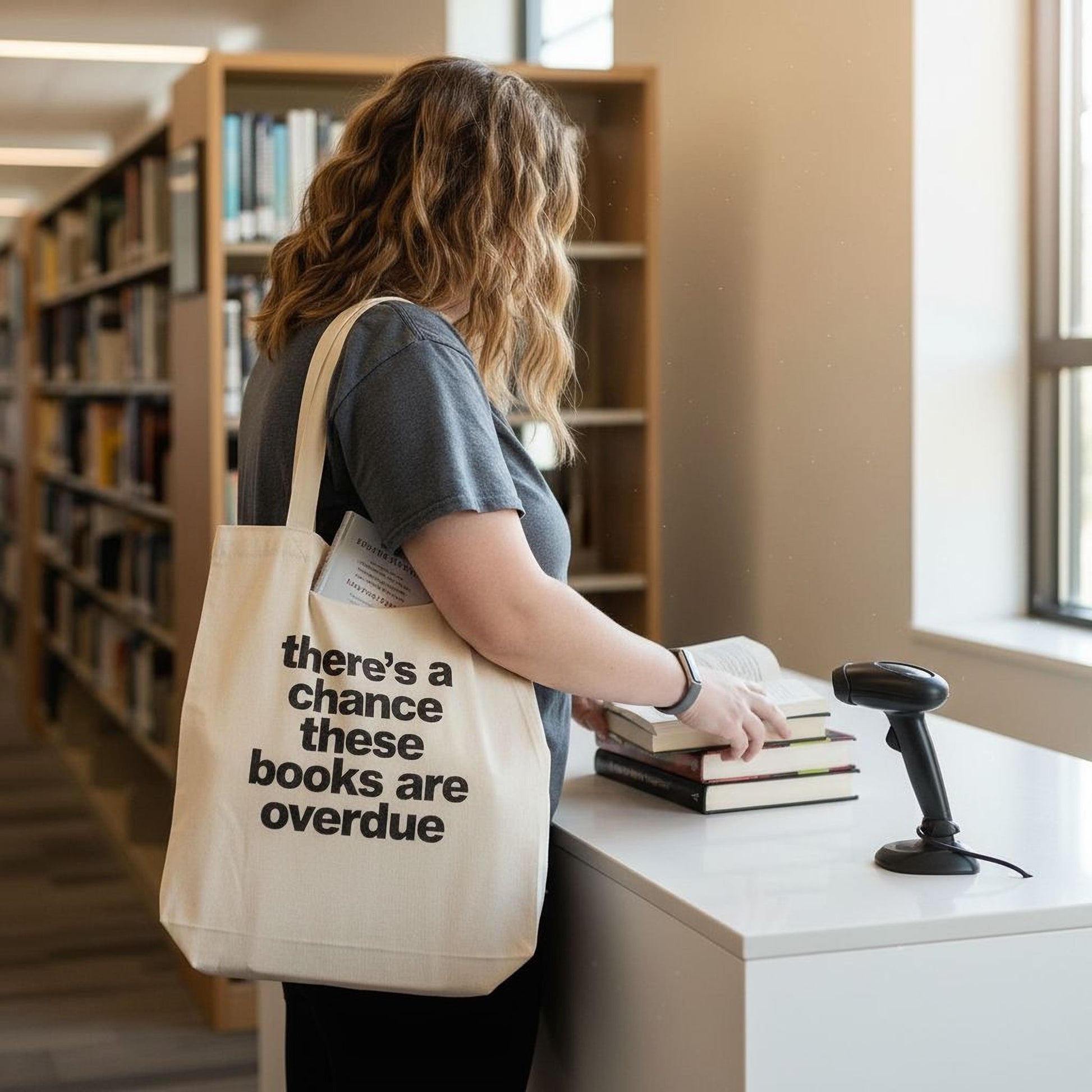 Book Bag, Overdue Library Books Funny Canvas Tote Bag Joyful Moose
