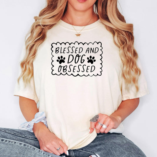 Dog Lover T-Shirt - Blessed & Dog Obsessed Comfort Colors Tee With Paw Prints Joyful Moose