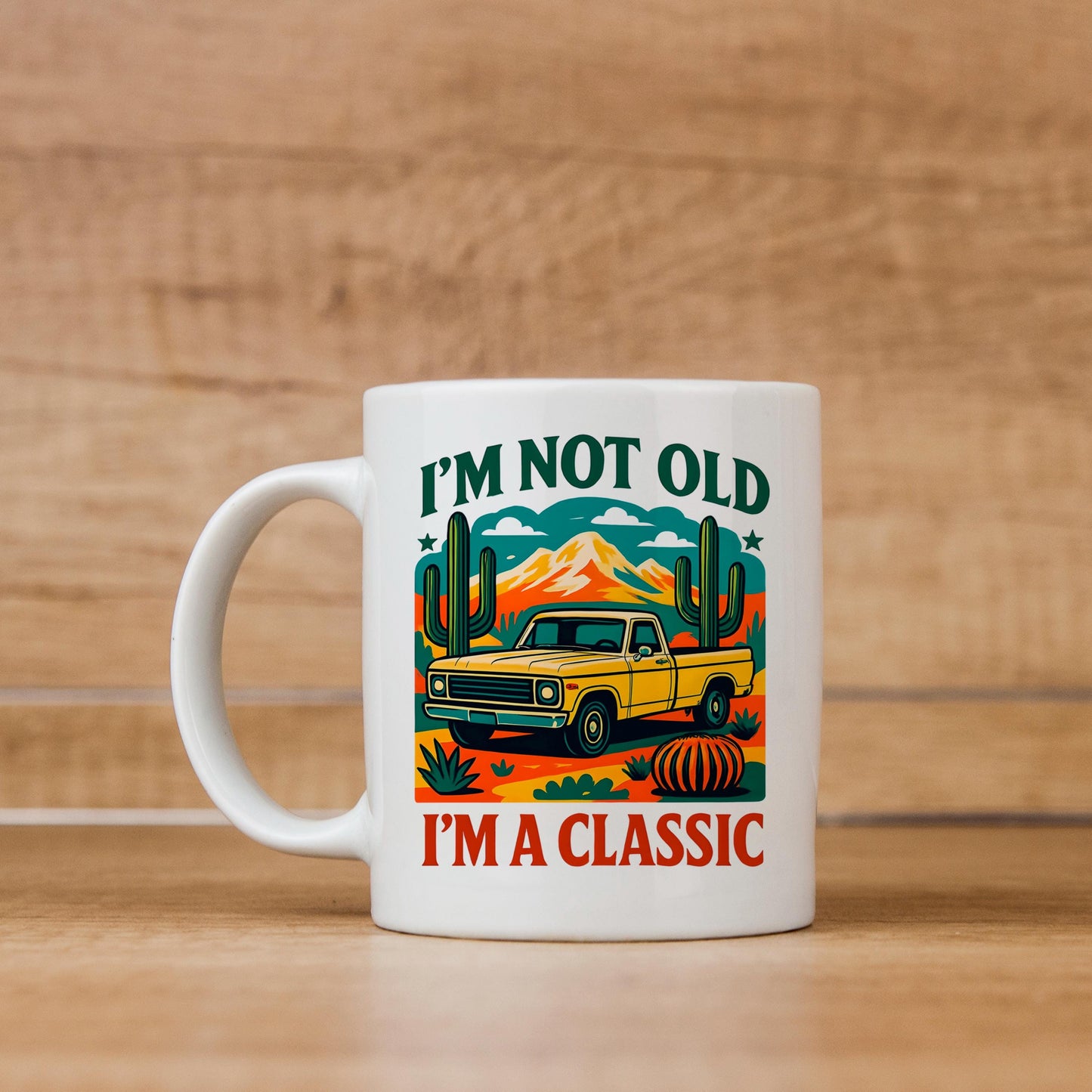 Vintage Car Coffee Mug – Ceramic Retro Cup with Desert Cacti Design, Gift for Dad Joyful Moose