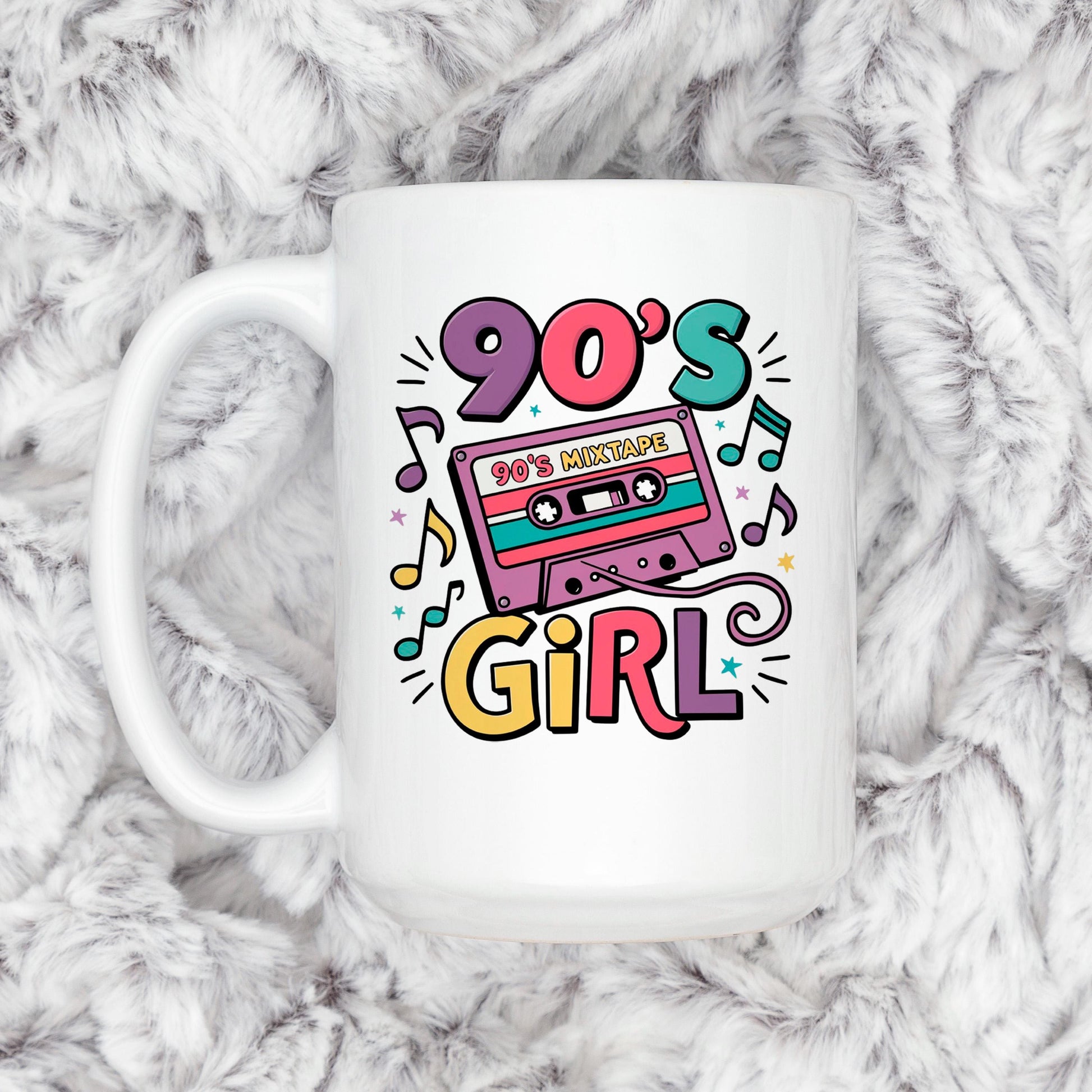 90s Girl Coffee Mug – Retro Cassette Tape Design | Microwave Safe Ceramic Cup Joyful Moose