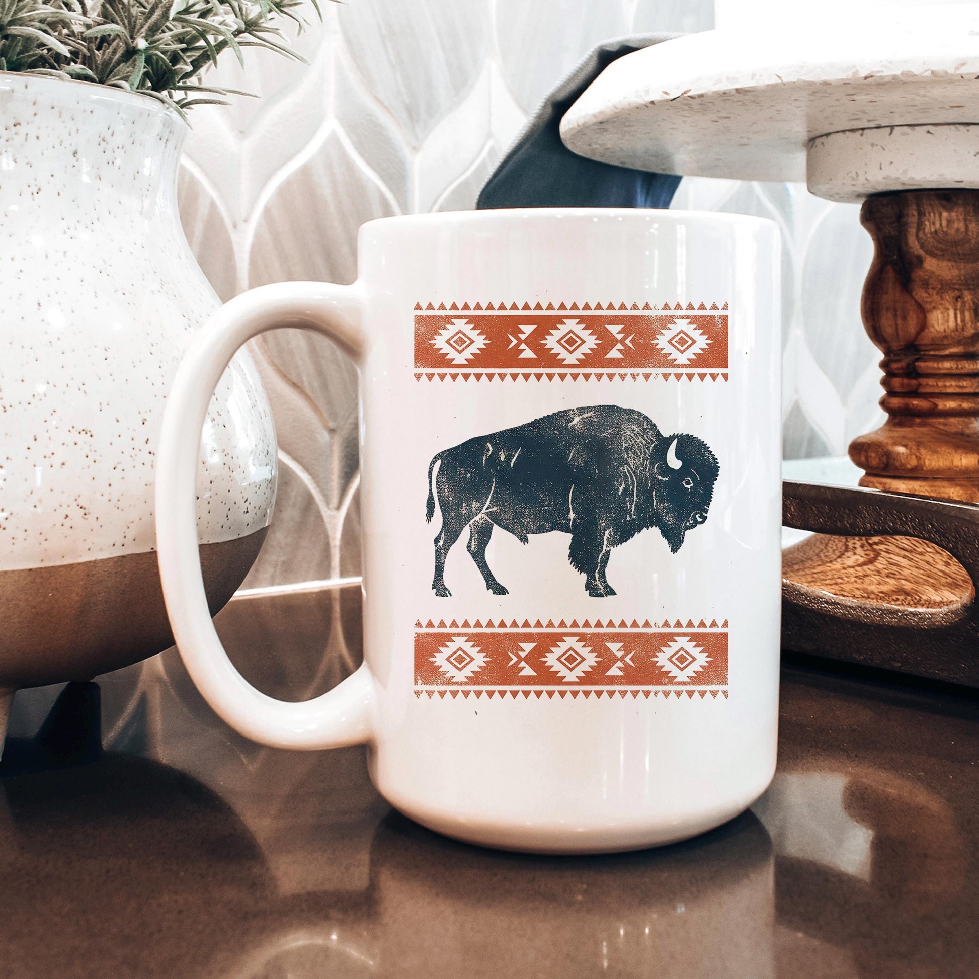 Rustic Buffalo Mug – Western Coffee Cup With Bison Design & Southwest Pattern Joyful Moose