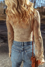 Apricot Lace Mesh Crochet Splicing Slim Fit Long Sleeve Blouse Thread & Co. Boutique, LLC