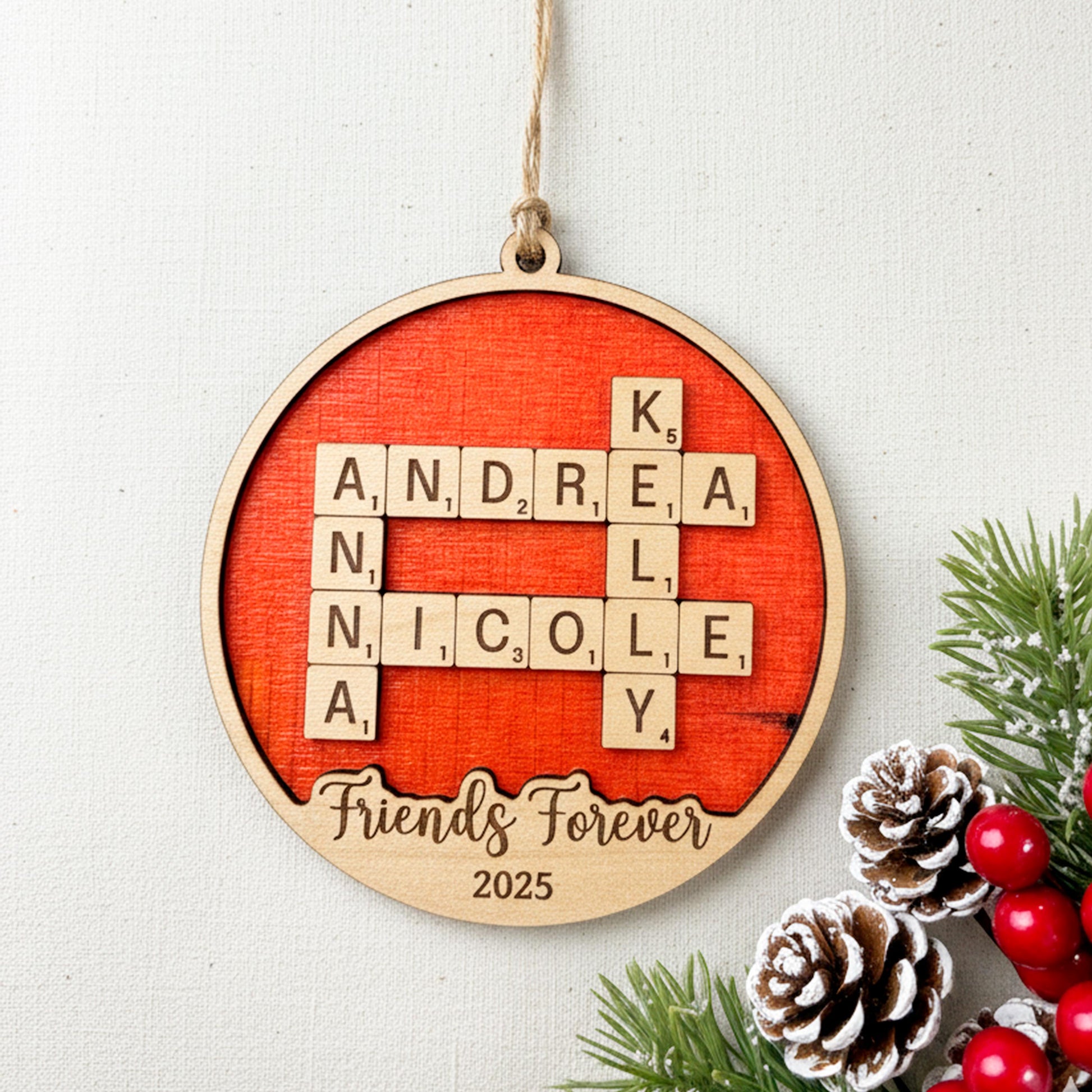 Personalized Wooden Ornament – BFF Christmas Gift, Custom Besties Gift with Natural Wood Finish Joyful Moose