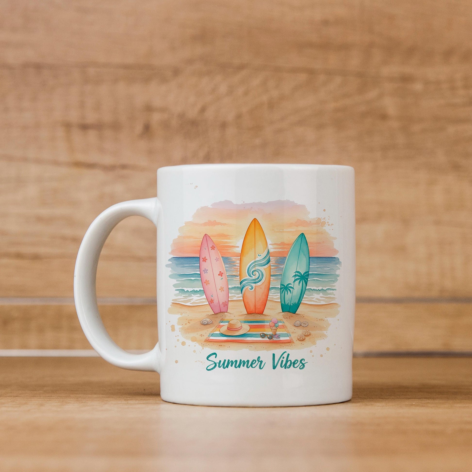 Summer Vibes Mug – Coastal Coffee Cup With Surfboard Art And Ocean Sunset Design Joyful Moose