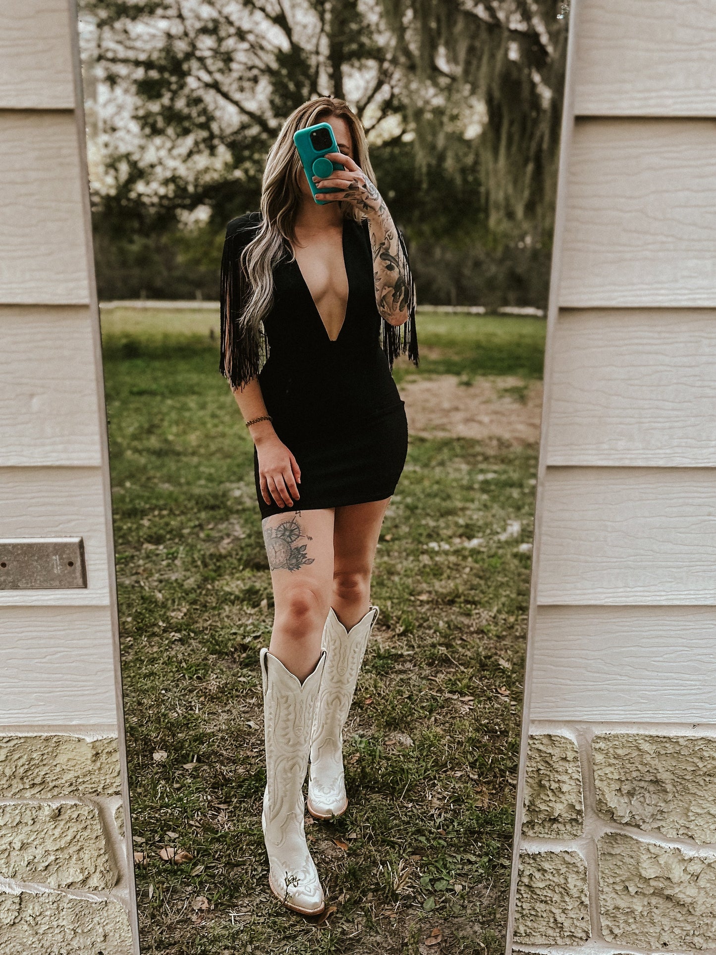 Dallas' Fringe Deep Neck Mini Dress Wild Cactus Boutique