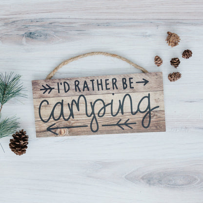 Rustic Camping Sign - I'd Rather Be Camping Wall Art | Wooden Cabin Decor Joyful Moose