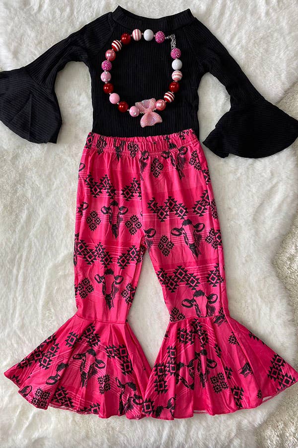 Solid black top bull & aztec printed pant girls set Thread & Co. Boutique, LLC