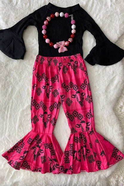 Solid black top bull & aztec printed pant girls set Thread & Co. Boutique, LLC