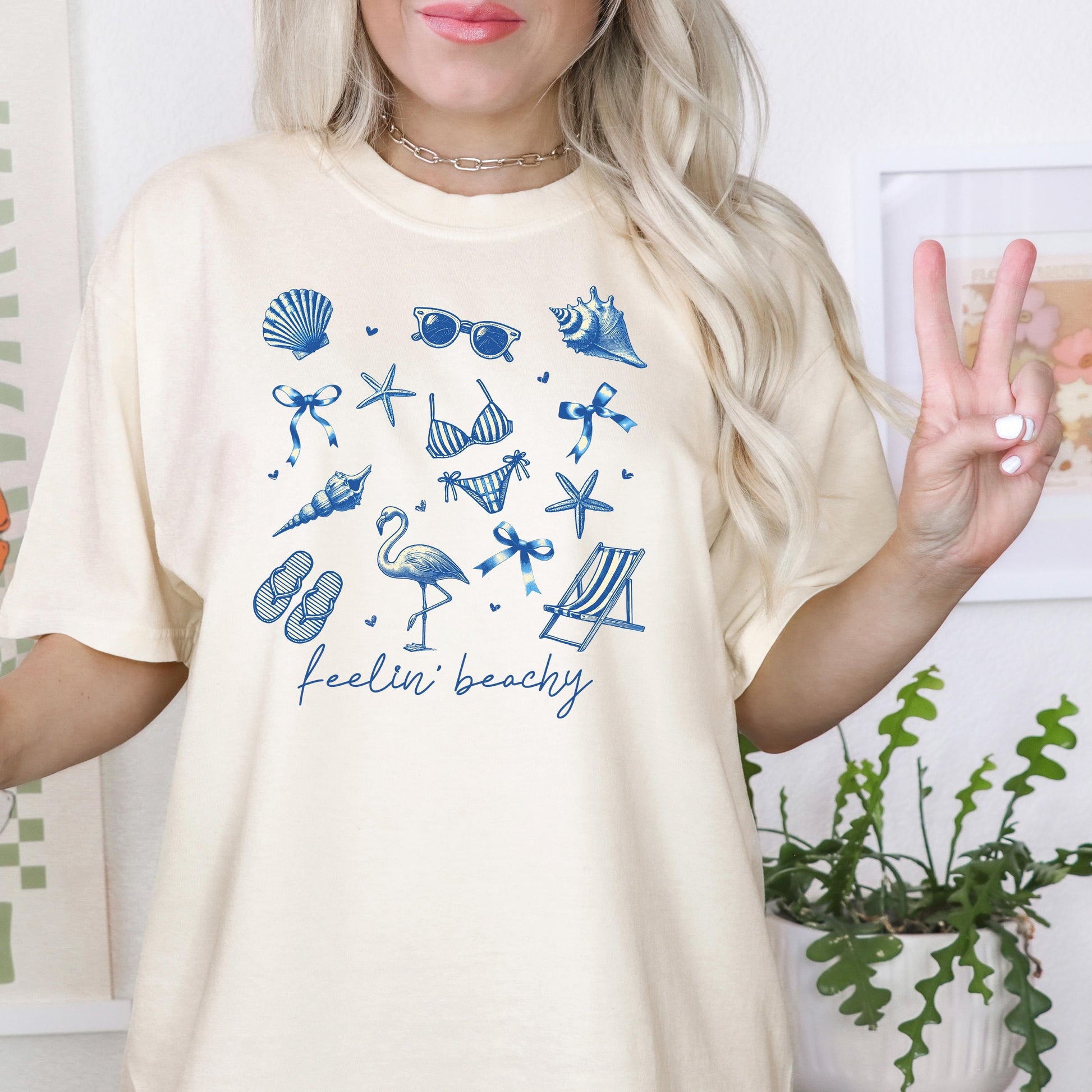 Beach Graphic Tee – Blue Beach Icons, Relaxed Unisex Fit Summer Shirt Joyful Moose