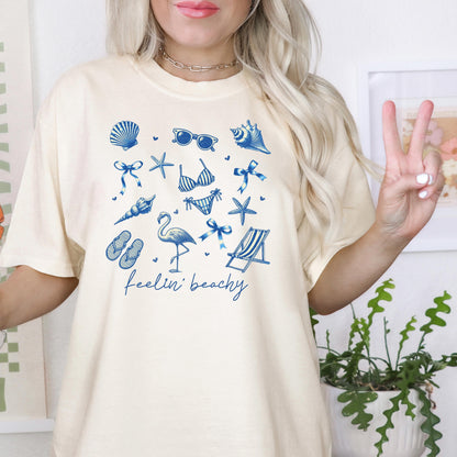 Beach Graphic Tee – Blue Beach Icons, Relaxed Unisex Fit Summer Shirt Joyful Moose