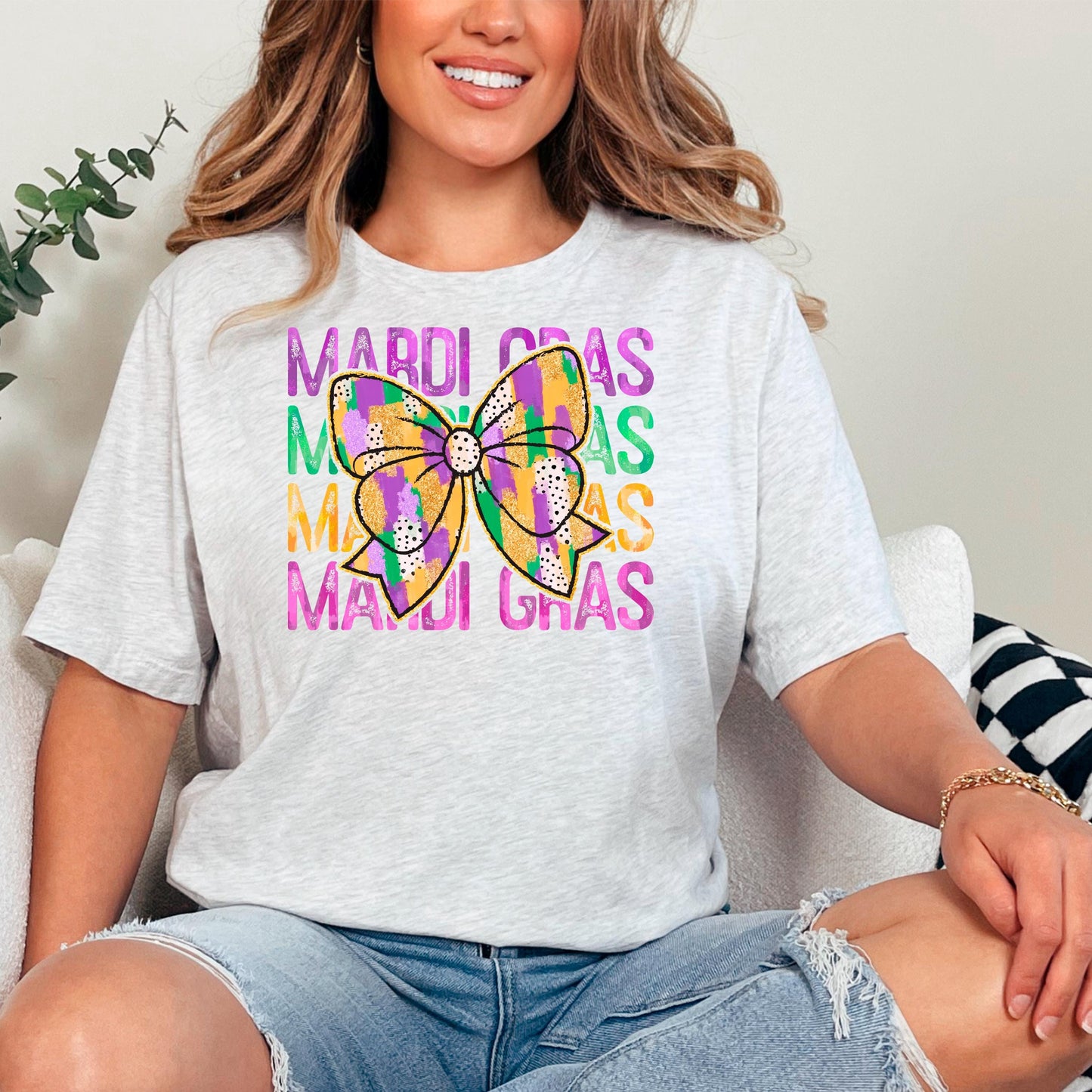 Mardi Gras Shirt - Purple Green Gold Coquette Bow Tee | New Orleans Carnival Outfit Joyful Moose