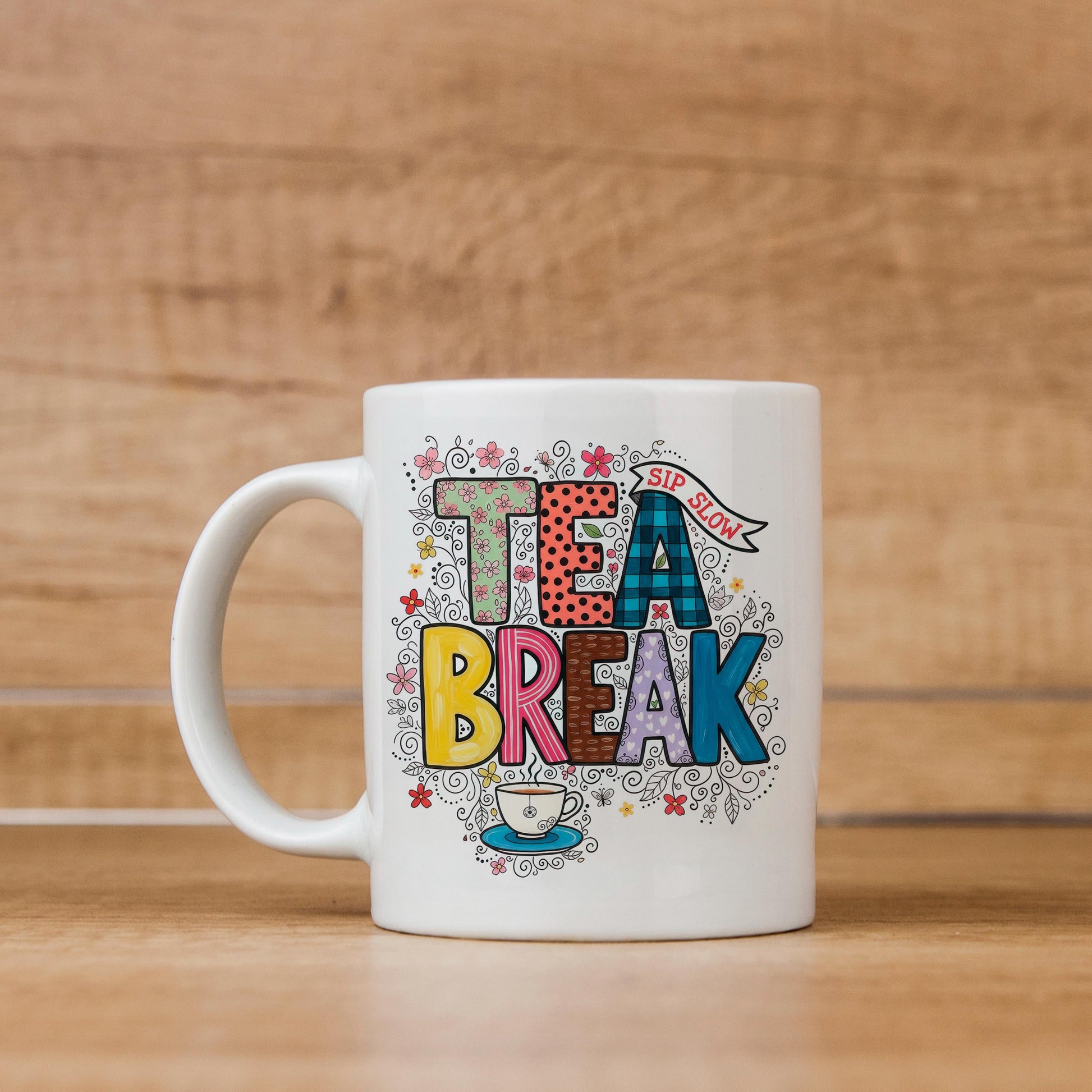 Tea Break Mug - Cozy Coffee Cup With Colorful Floral Design | Relaxation Gift Joyful Moose