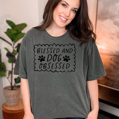 Dog Lover T-Shirt - Blessed & Dog Obsessed Comfort Colors Tee With Paw Prints Joyful Moose