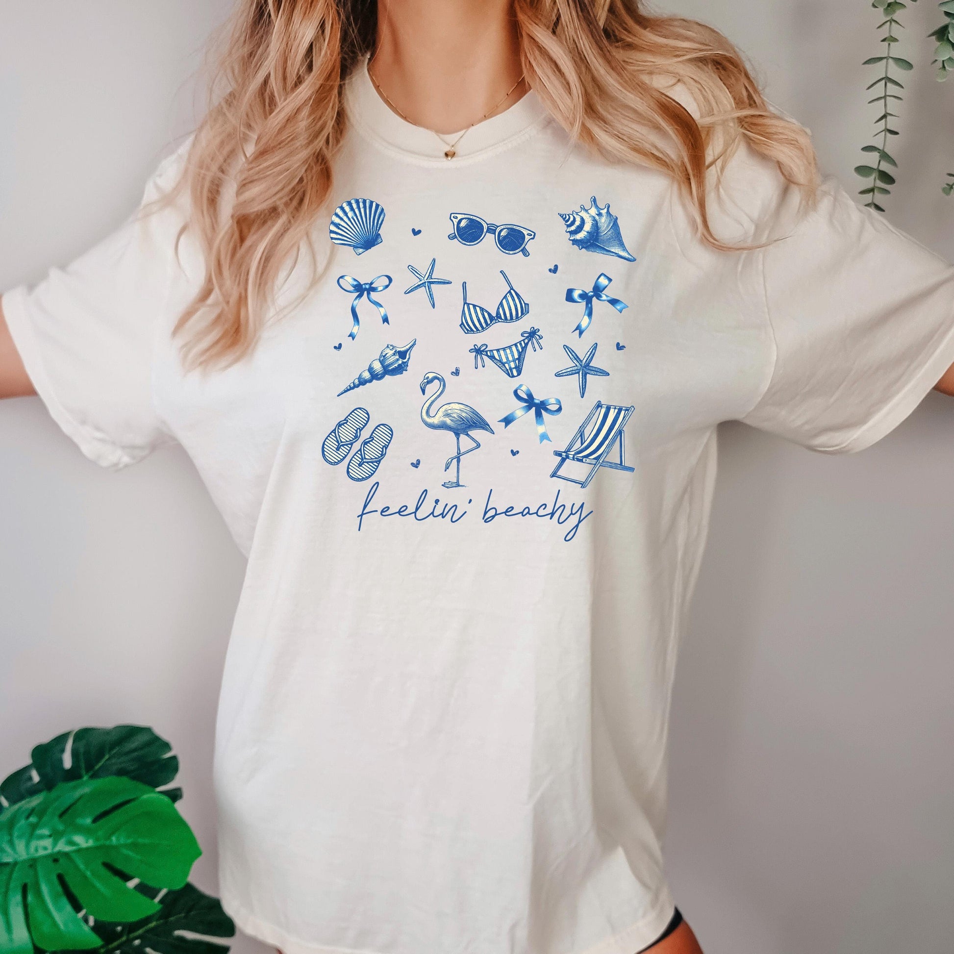 Beach Graphic Tee – Blue Beach Icons, Relaxed Unisex Fit Summer Shirt Joyful Moose