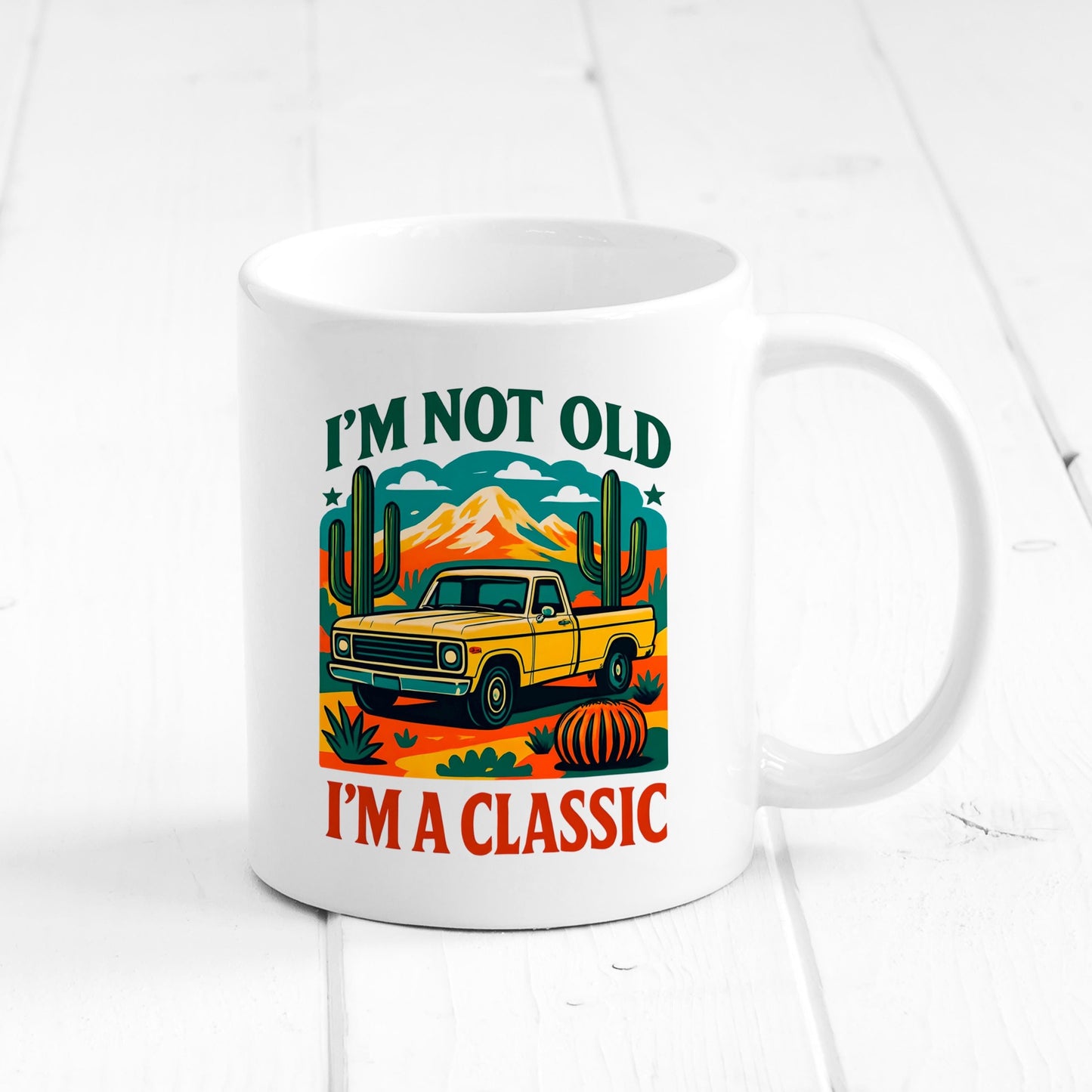 Vintage Car Coffee Mug – Ceramic Retro Cup with Desert Cacti Design, Gift for Dad Joyful Moose