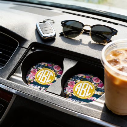 Monogram Car Coasters - Navy Rose Gold Floral Sandstone Car Coaster Joyful Moose