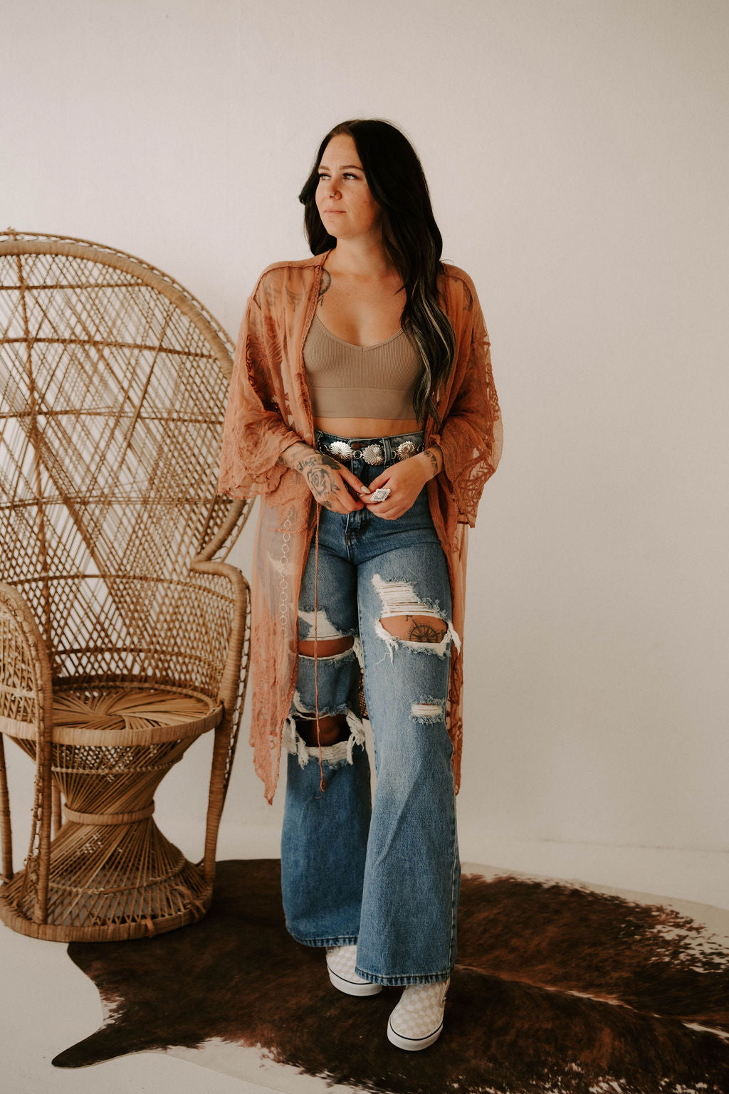Embroidered Butterfly Lace Front-Tie Kimono Wild Cactus Boutique