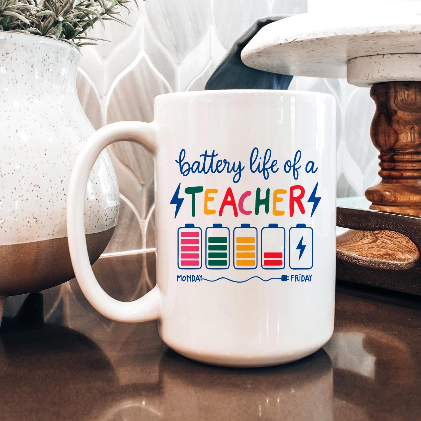 Funny Teacher Mug - Colorful Battery Graphic Ceramic Coffee Cup | Teacher Appreciation Gift Joyful Moose