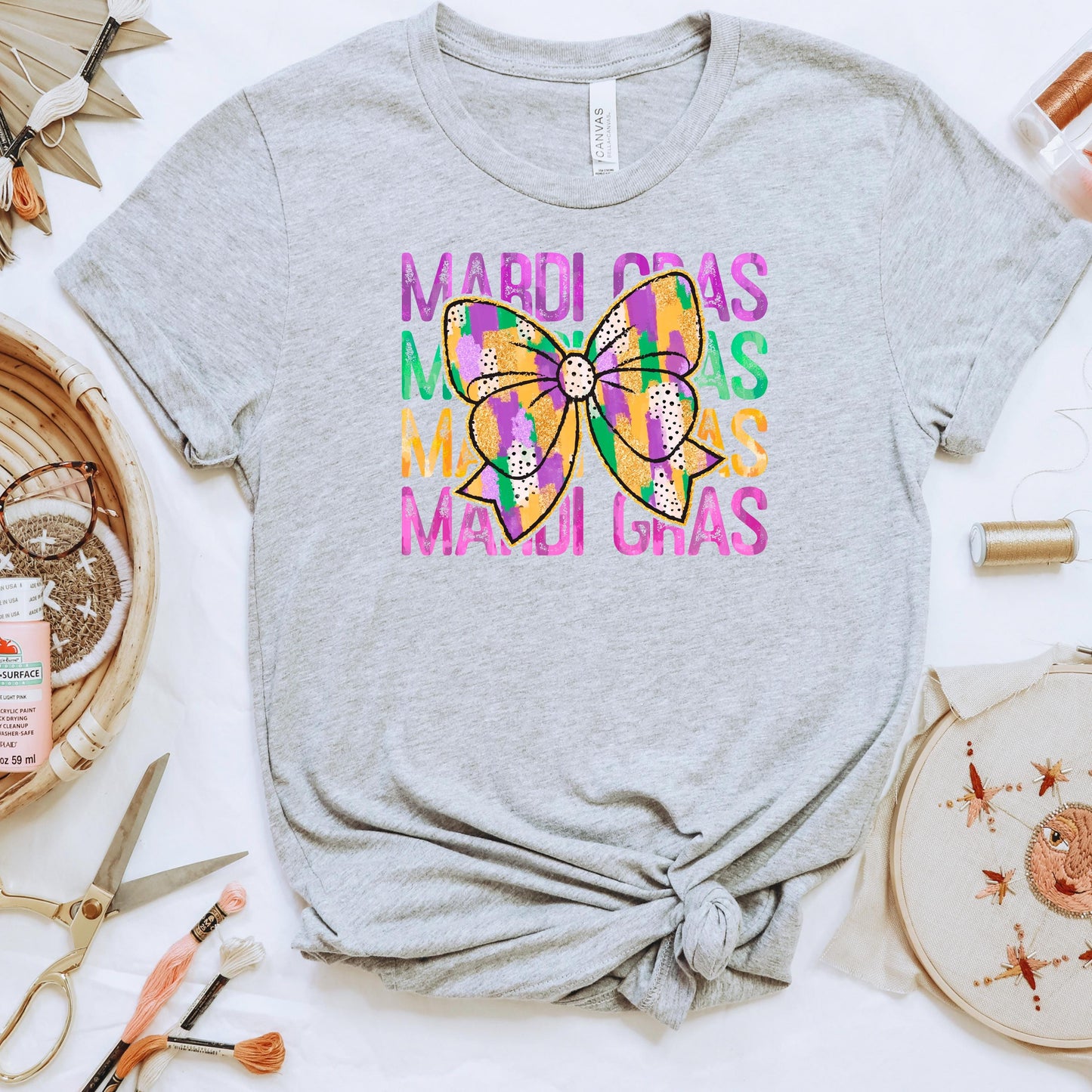 Mardi Gras Shirt - Purple Green Gold Coquette Bow Tee | New Orleans Carnival Outfit Joyful Moose