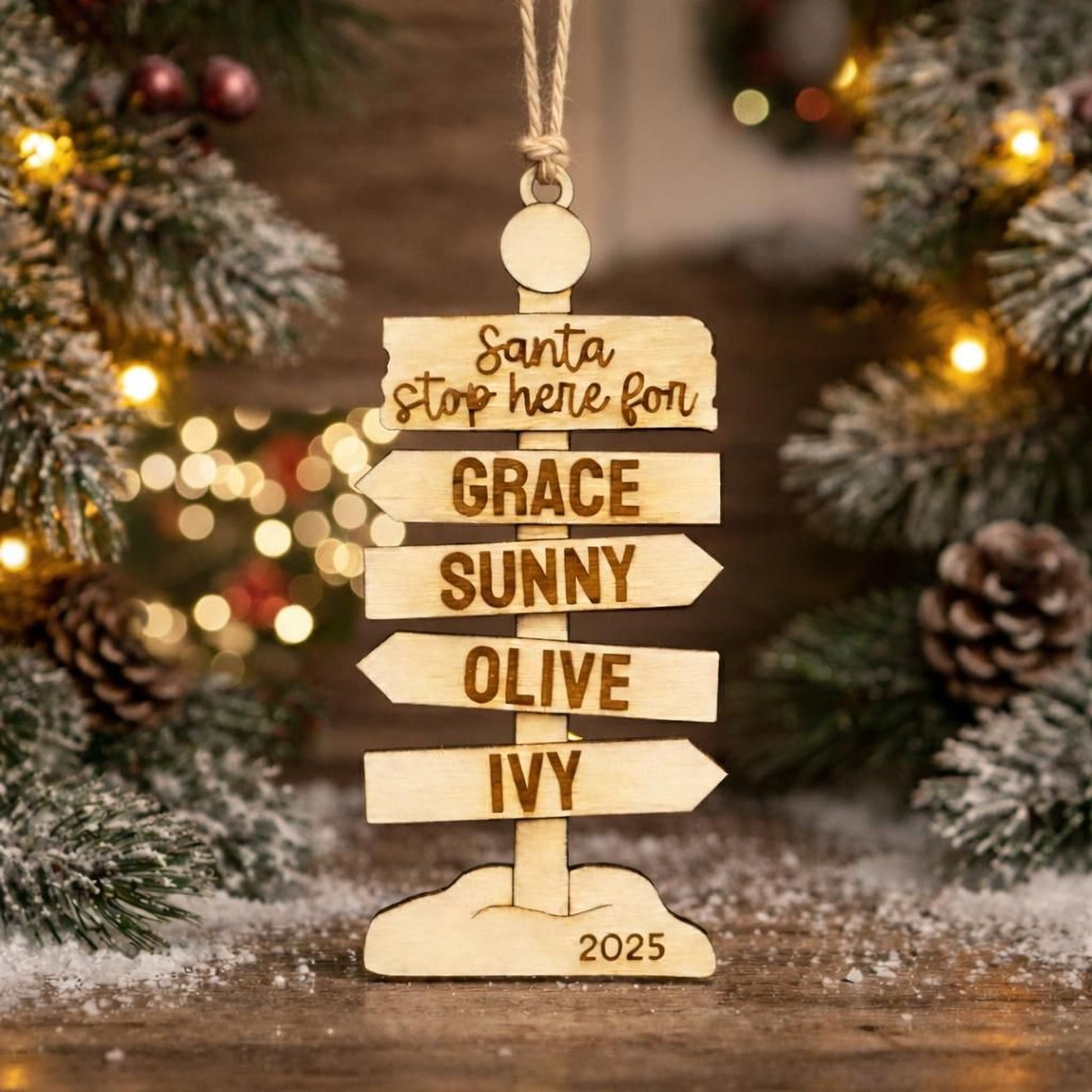 Personalized Family Ornament – Rustic Wooden Christmas Signpost Decor with Custom Engraving Joyful Moose