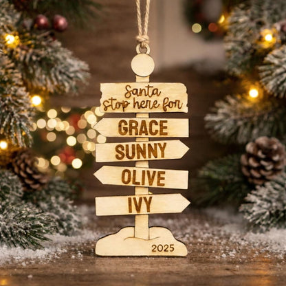 Personalized Family Ornament – Rustic Wooden Christmas Signpost Decor with Custom Engraving Joyful Moose