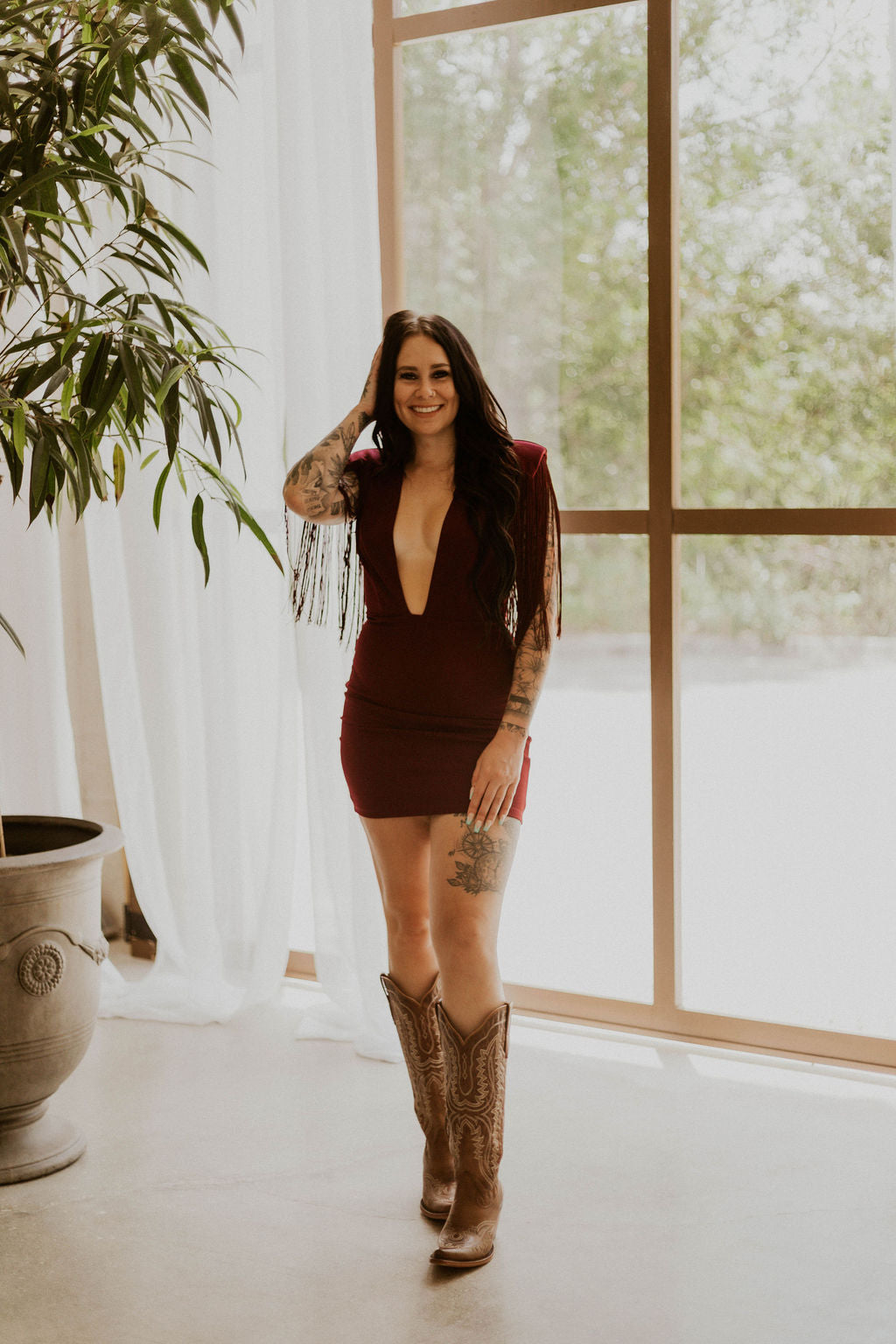 Dallas' Fringe Deep Neck Mini Dress Wild Cactus Boutique