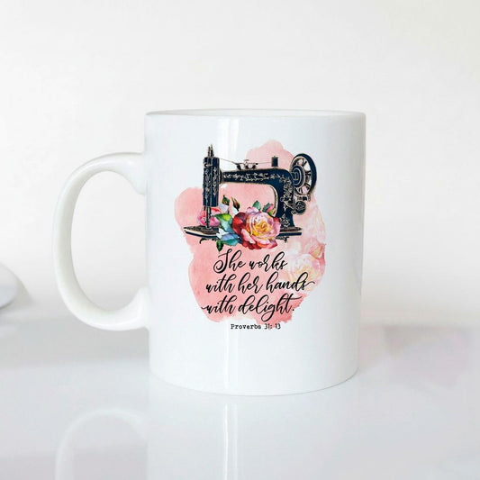 Proverbs 31 Coffee Mug - Watercolor Flower Cup With Vintage Sewing Machine Design Joyful Moose