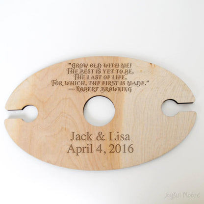 Personalized Wood Wine Holder - Engraved Couple Names Rustic Wine Carrier Joyful Moose
