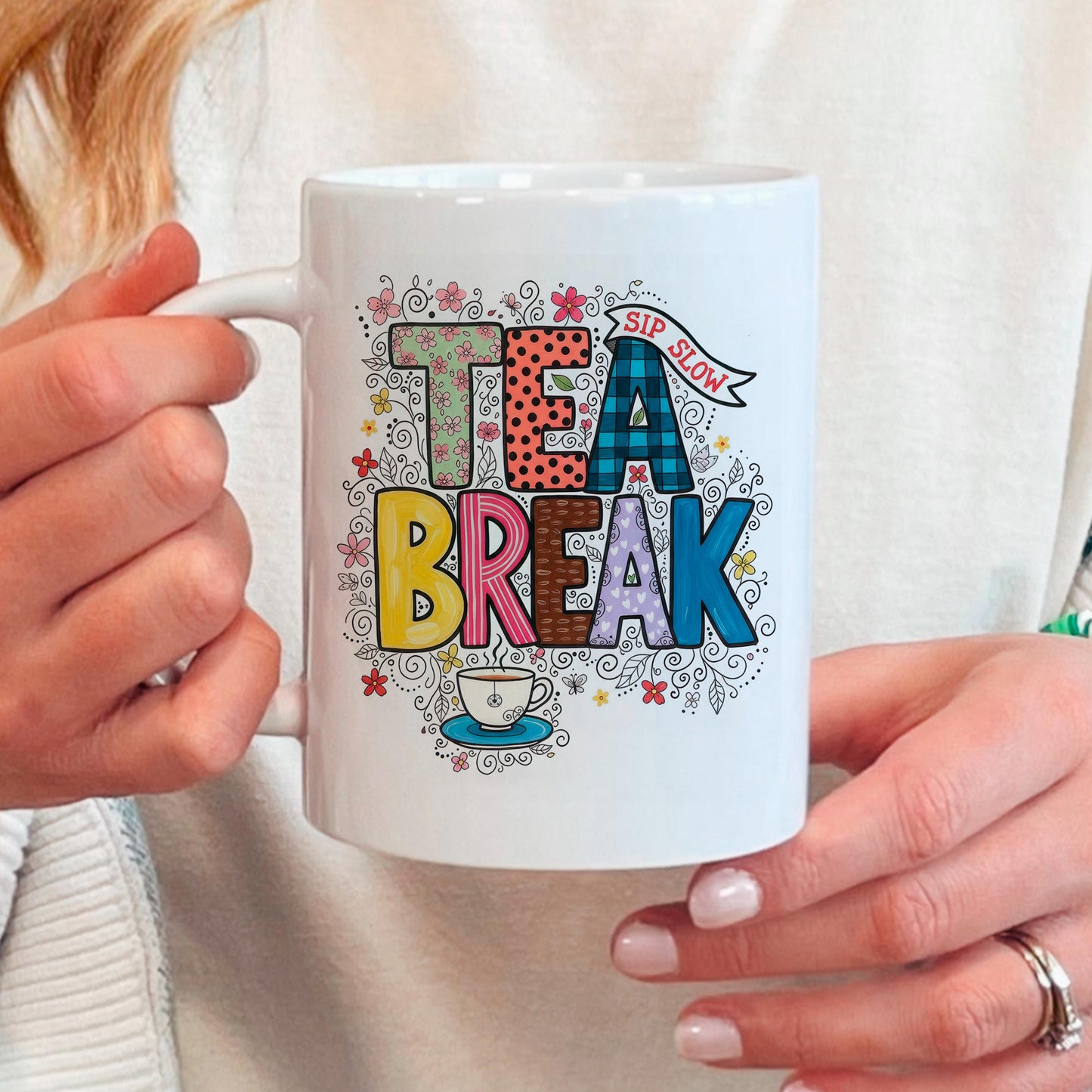 Tea Break Mug - Cozy Coffee Cup With Colorful Floral Design | Relaxation Gift Joyful Moose