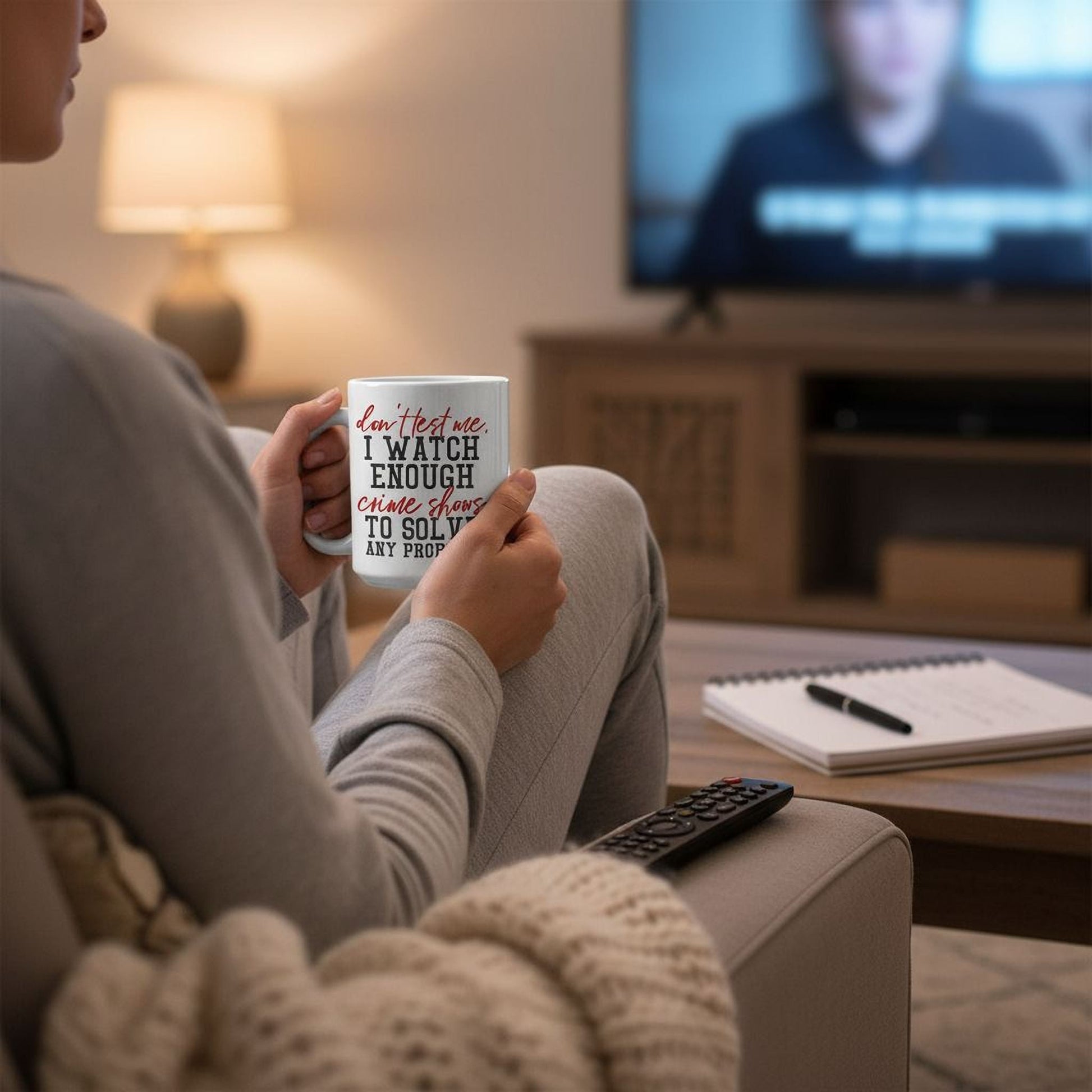 Funny Coffee Mug, Crime Show Junkie Gift, Detective Reality TV Shows Funny Mug Joyful Moose