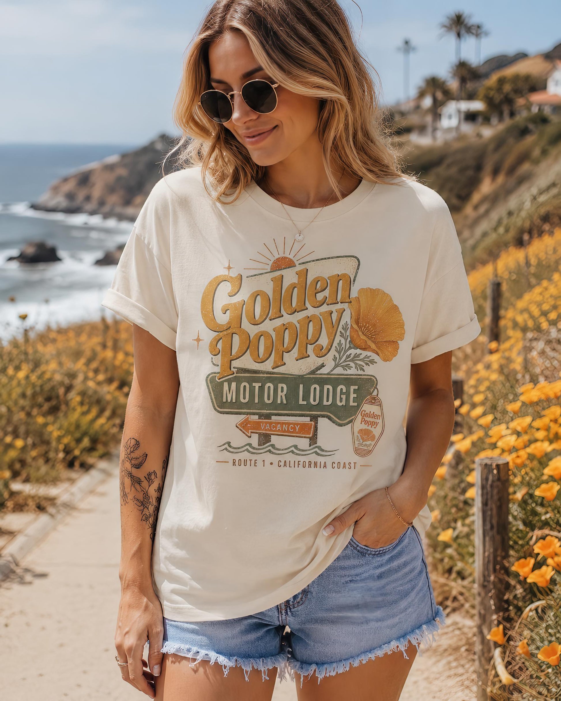 California Poppy Shirt - Retro Travel Tee | Soft Cotton Botanical Print Joyful Moose