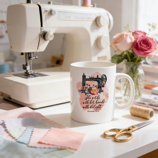 Proverbs 31 Coffee Mug - Watercolor Flower Cup With Vintage Sewing Machine Design Joyful Moose