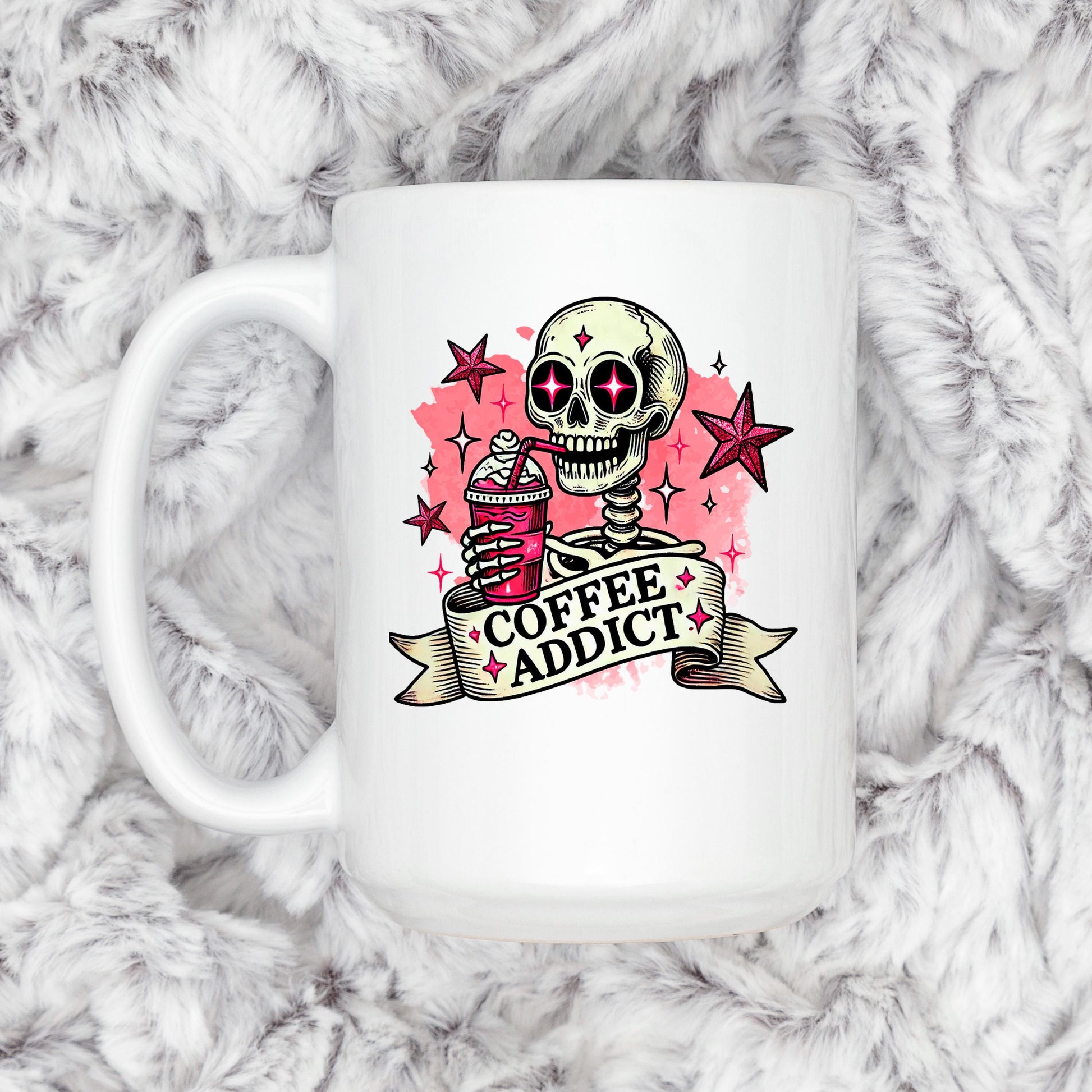 Coffee Addict Mug – Pink Skull Coffee Cup | Funny Caffeine Lover Gift, Ceramic, Dishwasher Safe Joyful Moose