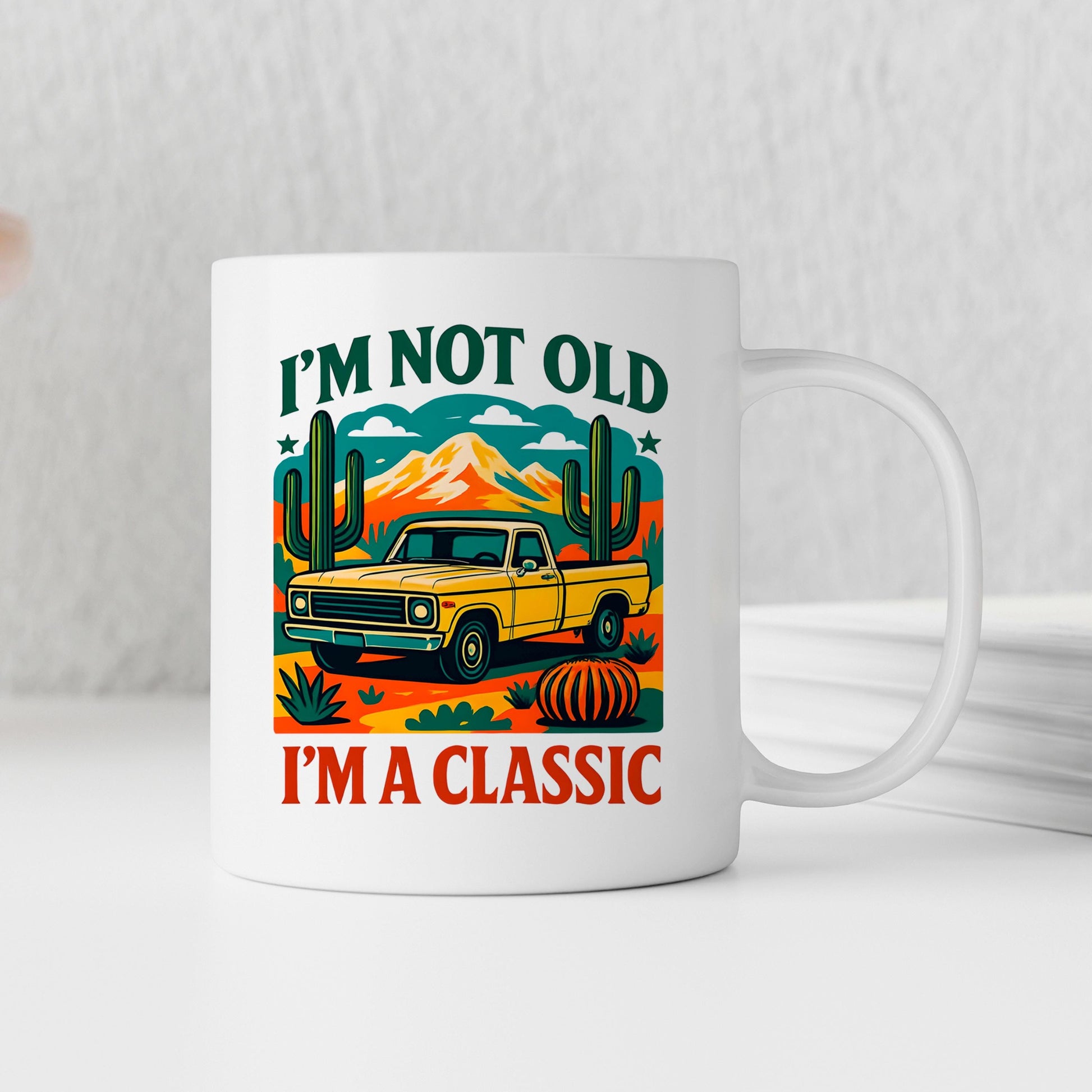 Vintage Car Coffee Mug – Ceramic Retro Cup with Desert Cacti Design, Gift for Dad Joyful Moose