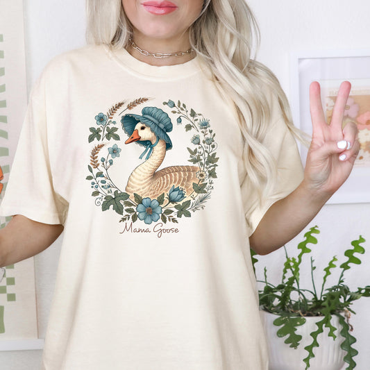 Mama Goose T-Shirt – Comfort Colors Tee With Floral Bonnet | Vintage Goose Shirt Joyful Moose