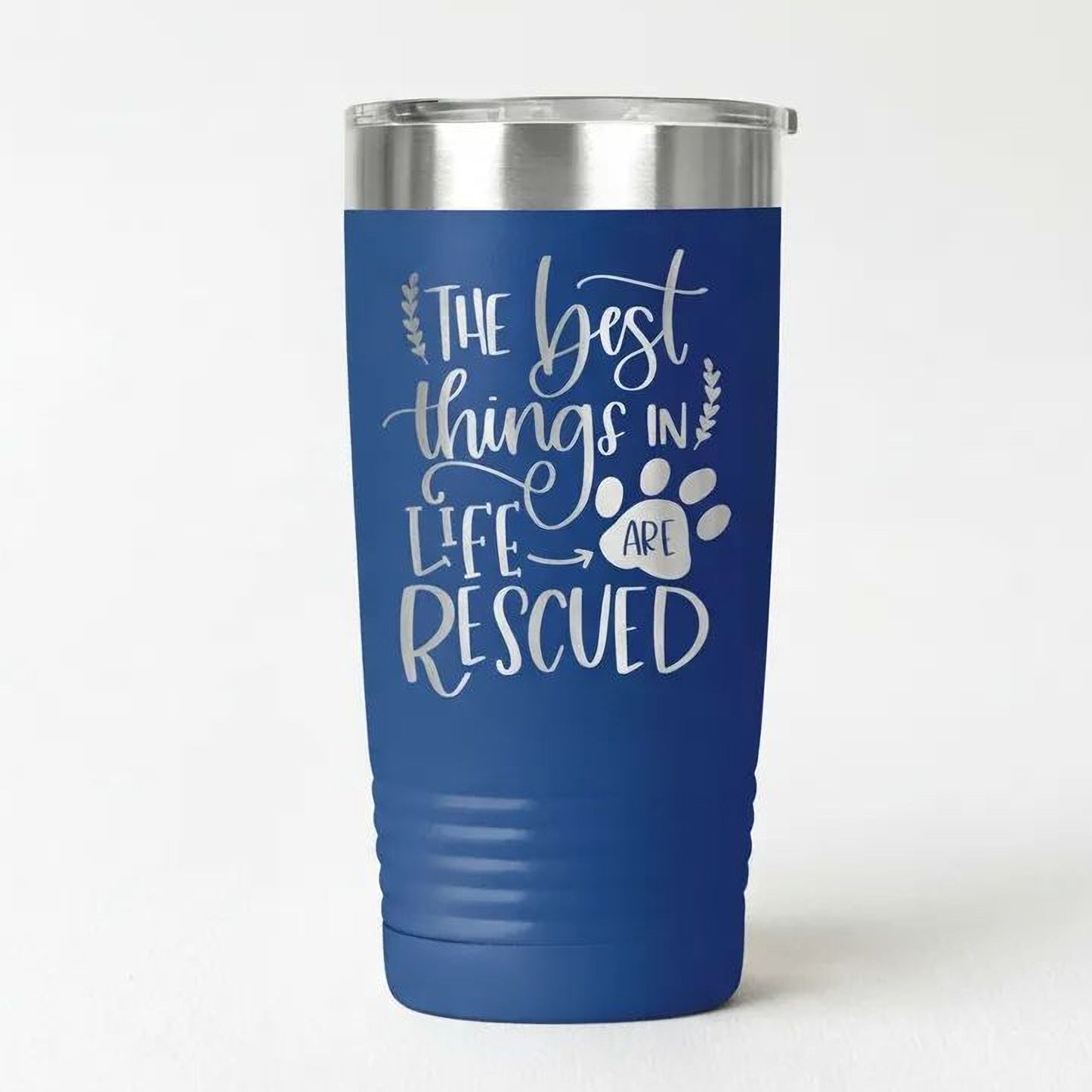 Dog Rescue Tumbler 20 oz Insulated Travel Mug, Pet Lover Gift, White Stainless Steel, Keeps Hot and Cold Drinks, Paw Print Design Joyful Moose