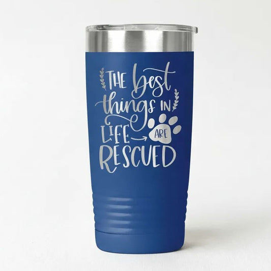 Dog Rescue Tumbler 20 oz Insulated Travel Mug, Pet Lover Gift, White Stainless Steel, Keeps Hot and Cold Drinks, Paw Print Design Joyful Moose