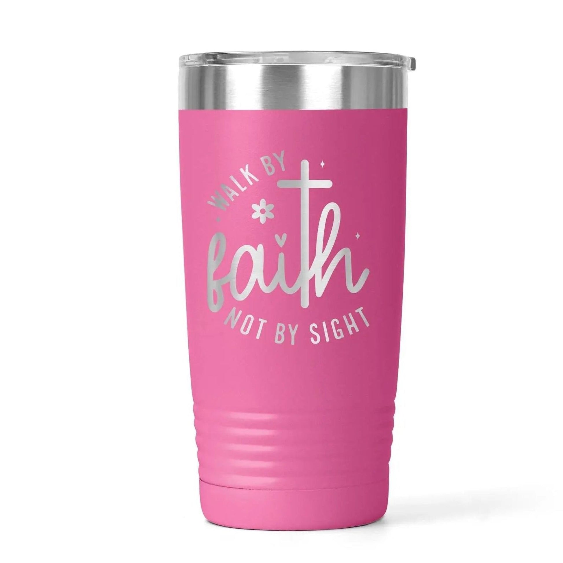 Christian Travel Tumbler with “Walk by Faith Not by Sight” Quote – Insulated Stainless Steel Pink Cup with Lid – Religious Gift for Women Joyful Moose