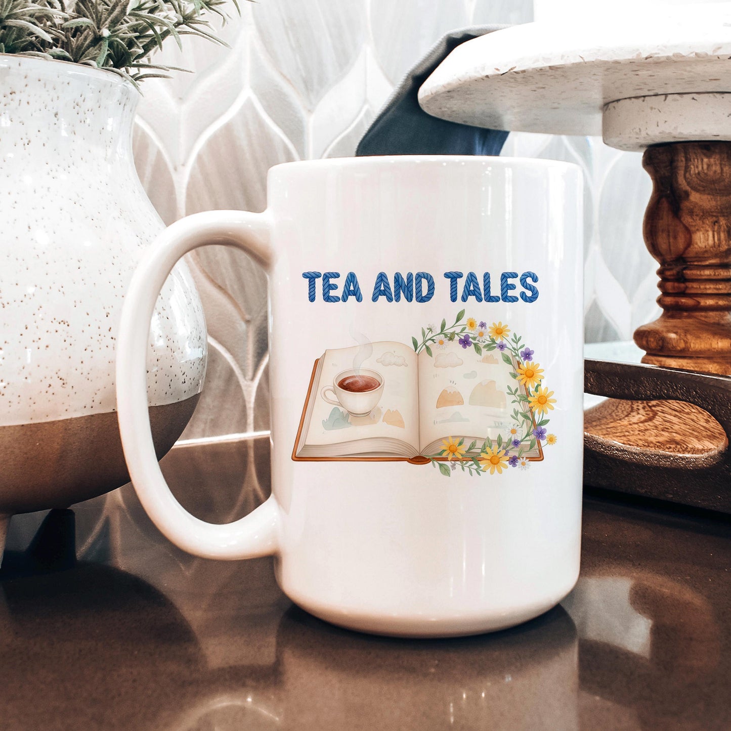 Tea and Tales Mug – Cozy Reader Mug | Book Lover Gift | Ceramic Tea Cup 11oz/15oz Joyful Moose