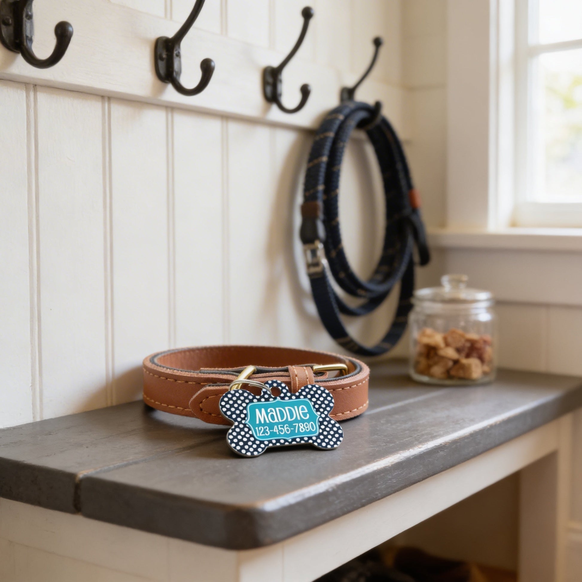 Personalized Pet Id Tag - Custom Dog Tag - Navy Turquoise Big Dots Joyful Moose