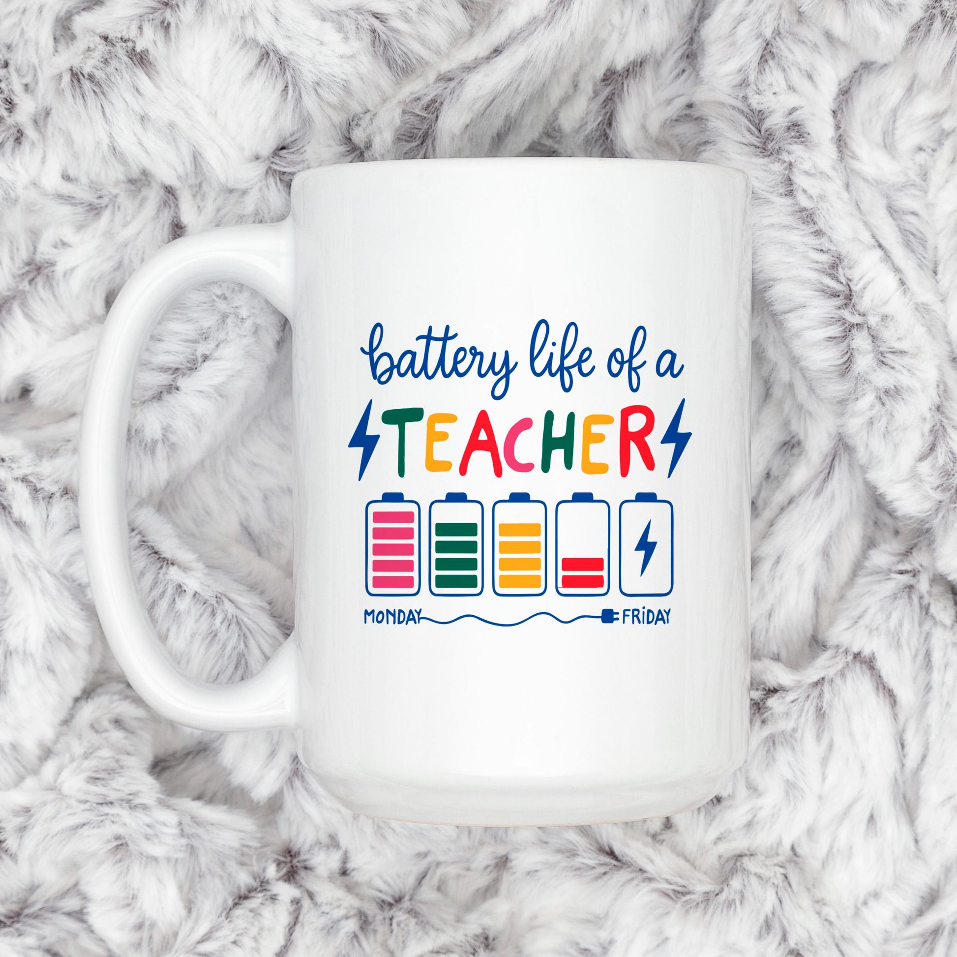 Funny Teacher Mug - Colorful Battery Graphic Ceramic Coffee Cup | Teacher Appreciation Gift Joyful Moose