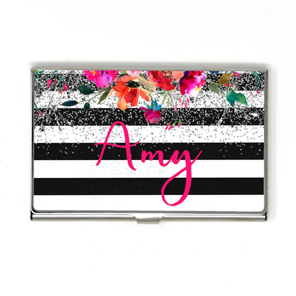 Floral Business Card Case for Women - Metal Business Card Holder - Personalized Black & White Stripe Silver Glitter Business Card Case Joyful Moose