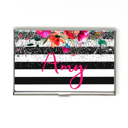 Floral Business Card Case for Women - Metal Business Card Holder - Personalized Black & White Stripe Silver Glitter Business Card Case Joyful Moose