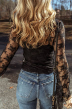Apricot Lace Mesh Crochet Splicing Slim Fit Long Sleeve Blouse Thread & Co. Boutique, LLC