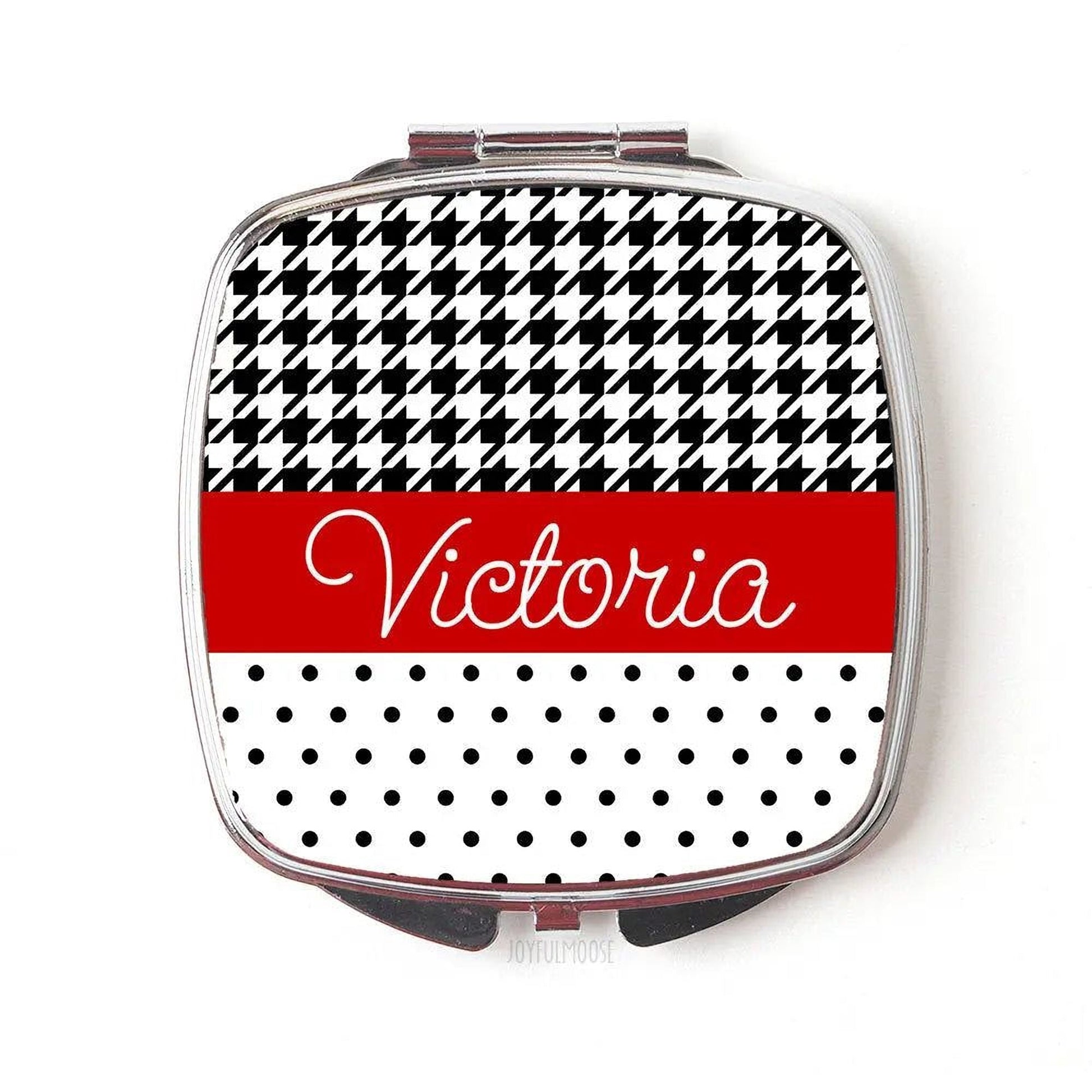 Personalized Compact Mirror - Red Black Polka Dot Houndstooth Custom Bridesmaids Gifts - Personalized Bridesmaids Gifts Joyful Moose