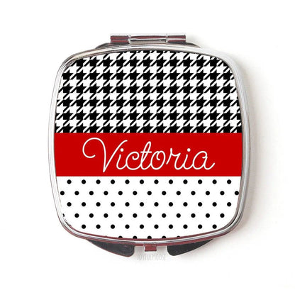 Personalized Compact Mirror - Red Black Polka Dot Houndstooth Custom Bridesmaids Gifts - Personalized Bridesmaids Gifts Joyful Moose