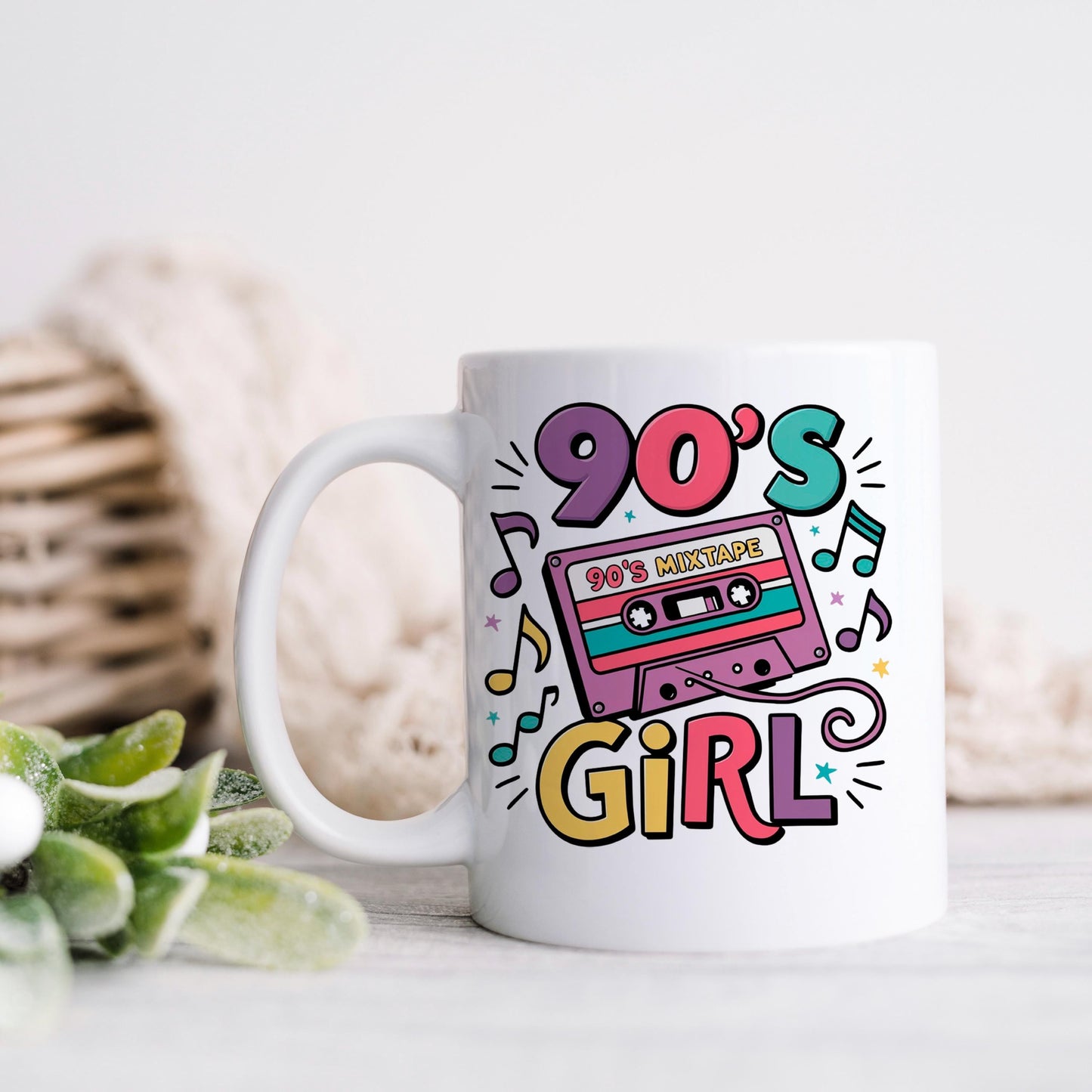 90s Girl Coffee Mug – Retro Cassette Tape Design | Microwave Safe Ceramic Cup Joyful Moose
