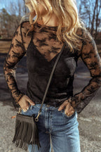 Apricot Lace Mesh Crochet Splicing Slim Fit Long Sleeve Blouse Thread & Co. Boutique, LLC